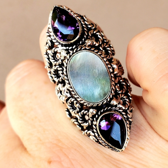 New Abalone Shell & Amethyst 925 Silver Statement Ring. - Picture 16 of 16